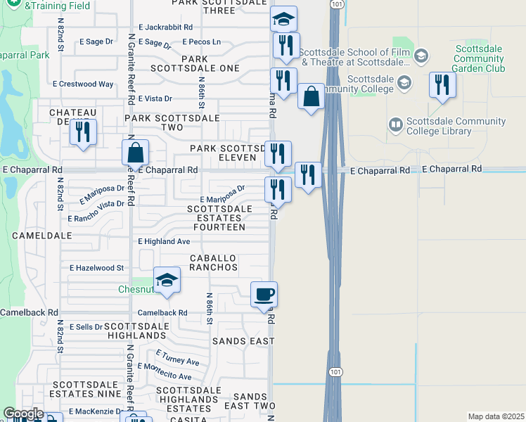 map of restaurants, bars, coffee shops, grocery stores, and more near 8733 East Thornwood Drive in Scottsdale