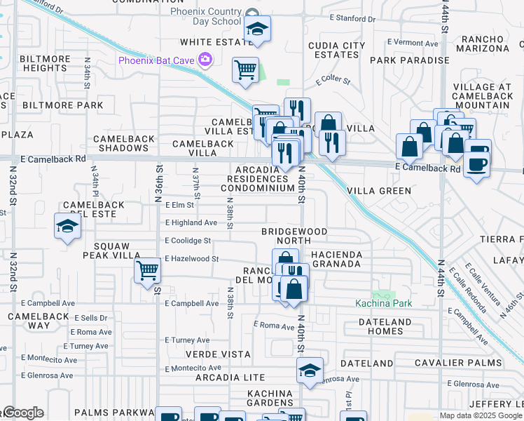 map of restaurants, bars, coffee shops, grocery stores, and more near 3902 East Highland Avenue in Phoenix
