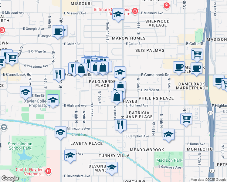 map of restaurants, bars, coffee shops, grocery stores, and more near 17 North 11th Street in Phoenix