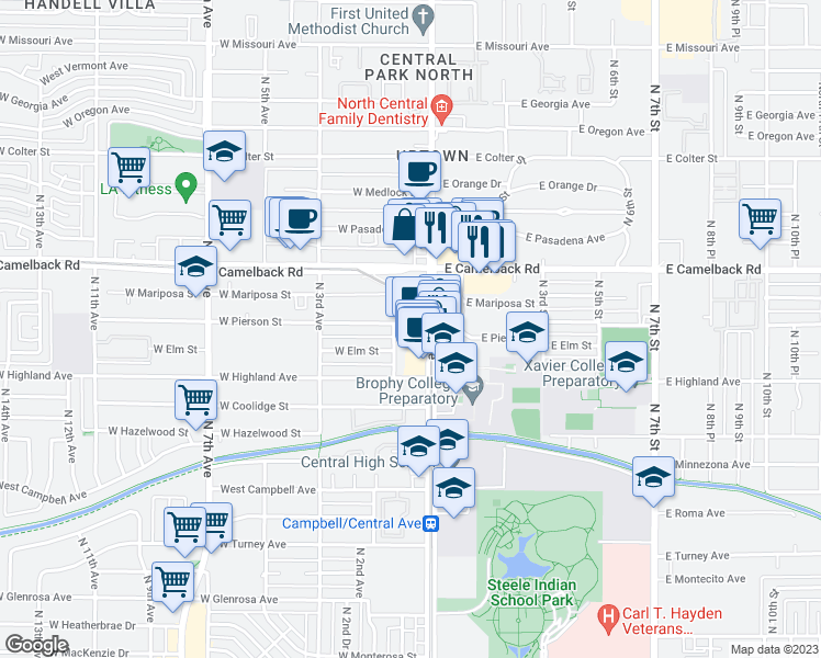 map of restaurants, bars, coffee shops, grocery stores, and more near in Phoenix