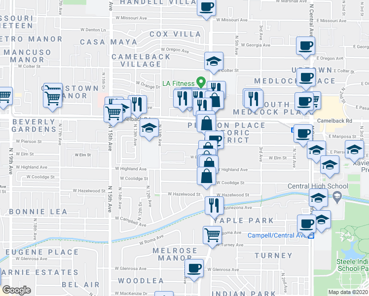 map of restaurants, bars, coffee shops, grocery stores, and more near 734 West Elm Street in Phoenix