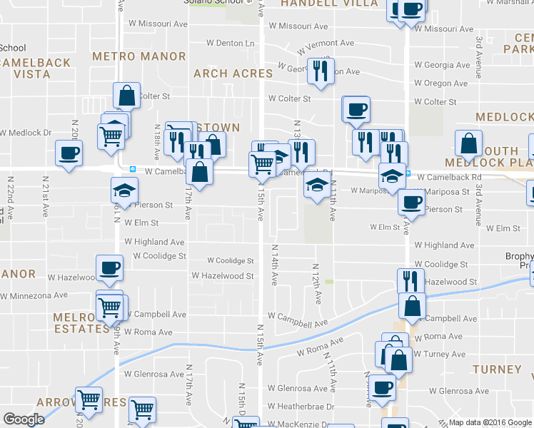 map of restaurants, bars, coffee shops, grocery stores, and more near 4732 North 14th Avenue in Phoenix