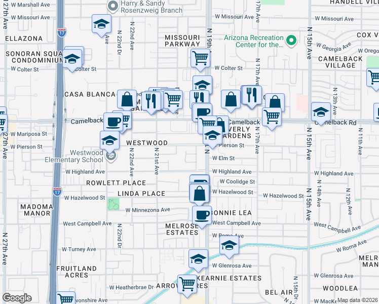 map of restaurants, bars, coffee shops, grocery stores, and more near 4738 North 20th Avenue in Phoenix