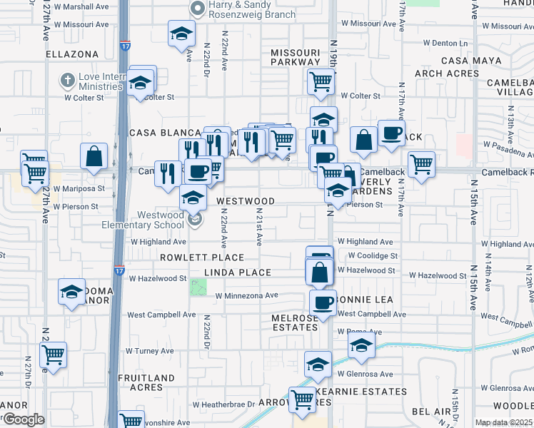 map of restaurants, bars, coffee shops, grocery stores, and more near 2055 West Elm Street in Phoenix