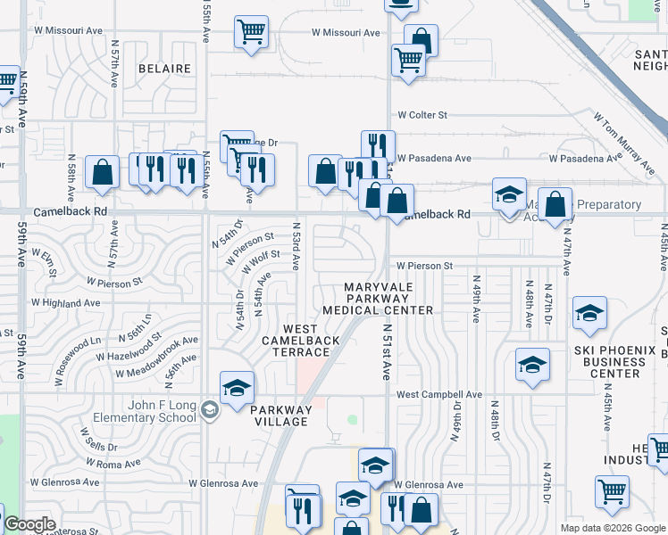 map of restaurants, bars, coffee shops, grocery stores, and more near 5201 West Camelback Road in Phoenix
