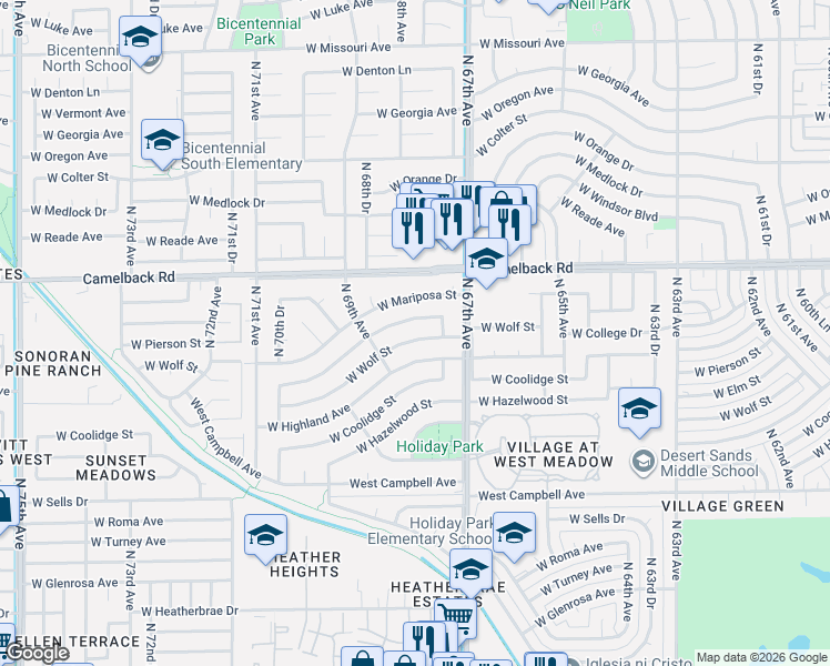 map of restaurants, bars, coffee shops, grocery stores, and more near 6729 West Wolf Street in Phoenix