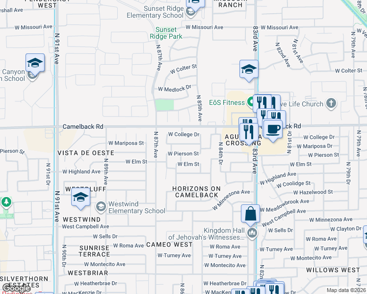 map of restaurants, bars, coffee shops, grocery stores, and more near 8526 West Pierson Street in Phoenix