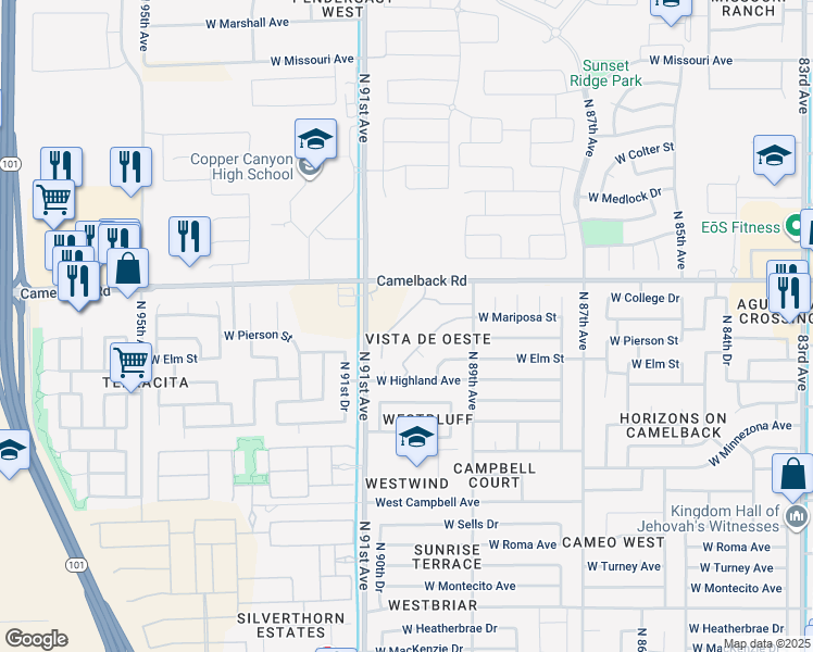 map of restaurants, bars, coffee shops, grocery stores, and more near 9023 West Elm Street in Phoenix