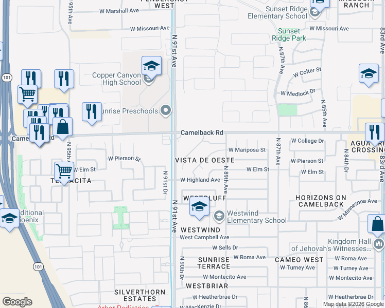map of restaurants, bars, coffee shops, grocery stores, and more near 9023 West Elm Street in Phoenix