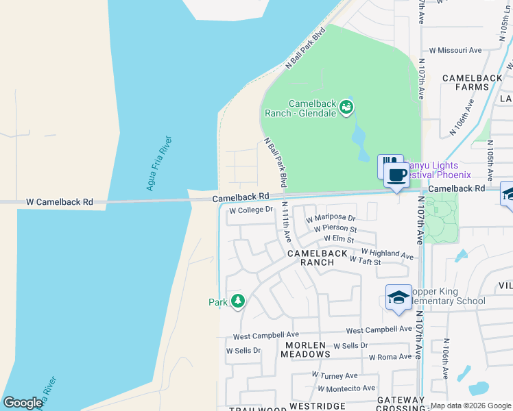 map of restaurants, bars, coffee shops, grocery stores, and more near 11203 West College Drive in Phoenix