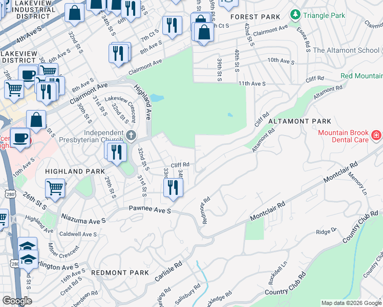 map of restaurants, bars, coffee shops, grocery stores, and more near 3400 Cliff Road in Birmingham