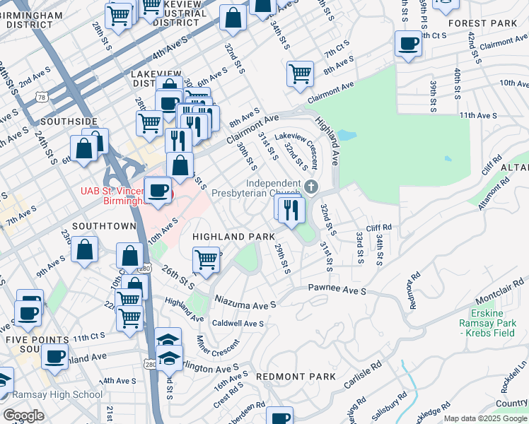 map of restaurants, bars, coffee shops, grocery stores, and more near in Birmingham