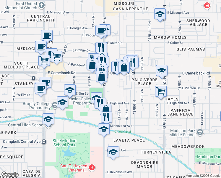 map of restaurants, bars, coffee shops, grocery stores, and more near 4745 North 7th Street in Phoenix