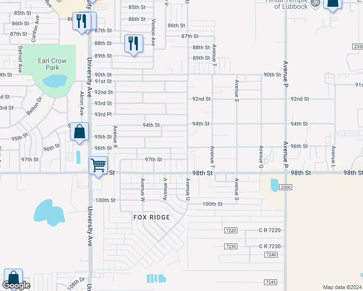 map of restaurants, bars, coffee shops, grocery stores, and more near 2106 96th Street in Lubbock