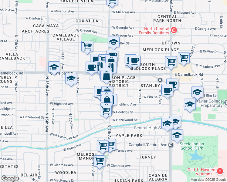 map of restaurants, bars, coffee shops, grocery stores, and more near 615 West Pierson Street in Phoenix