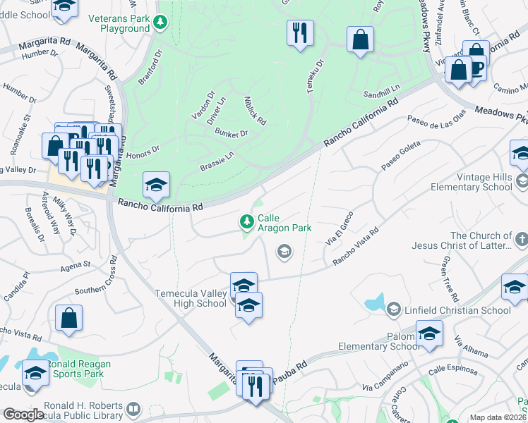 map of restaurants, bars, coffee shops, grocery stores, and more near 31186 Corte Talvera in Temecula