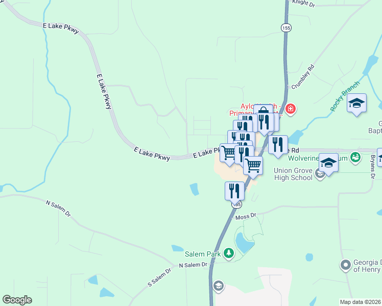 map of restaurants, bars, coffee shops, grocery stores, and more near 5855 East Lake Parkway in McDonough