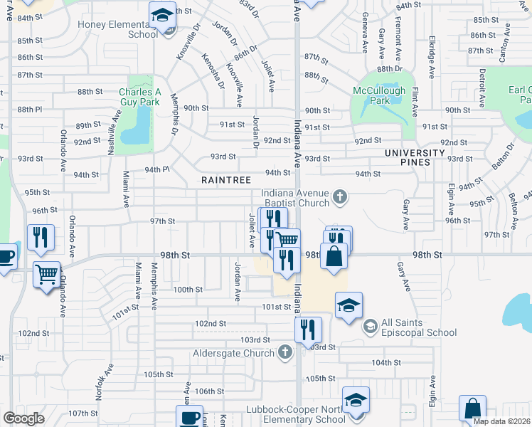 map of restaurants, bars, coffee shops, grocery stores, and more near 3417 96th Street in Lubbock