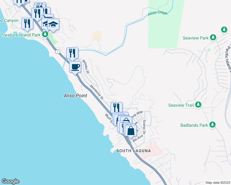 map of restaurants, bars, coffee shops, grocery stores, and more near 31460 Ceanothus Drive in Laguna Beach