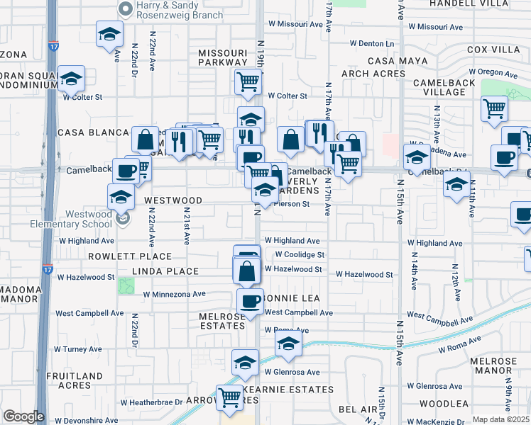map of restaurants, bars, coffee shops, grocery stores, and more near 4735 North 19th Avenue in Phoenix