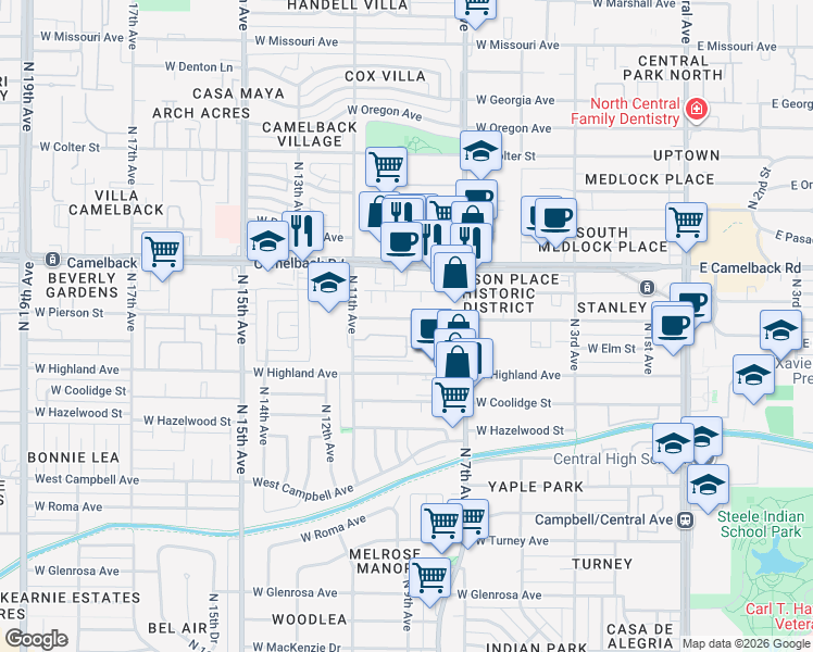 map of restaurants, bars, coffee shops, grocery stores, and more near 734 West Elm Street in Phoenix