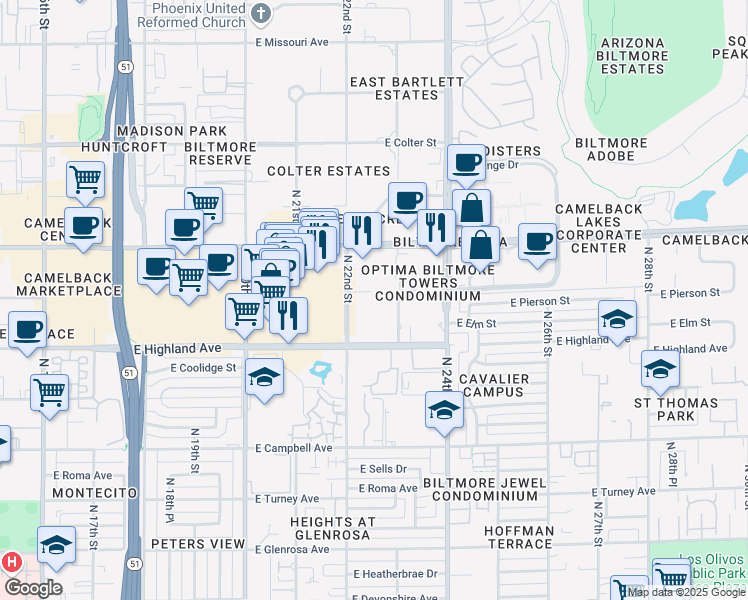 map of restaurants, bars, coffee shops, grocery stores, and more near 4745 North 22nd Street in Phoenix