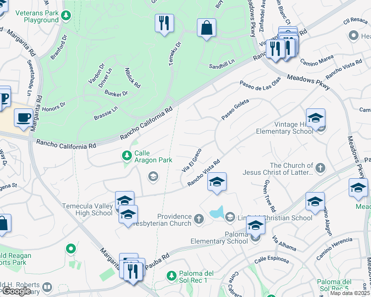 map of restaurants, bars, coffee shops, grocery stores, and more near 31460 Corte Mallorca in Temecula