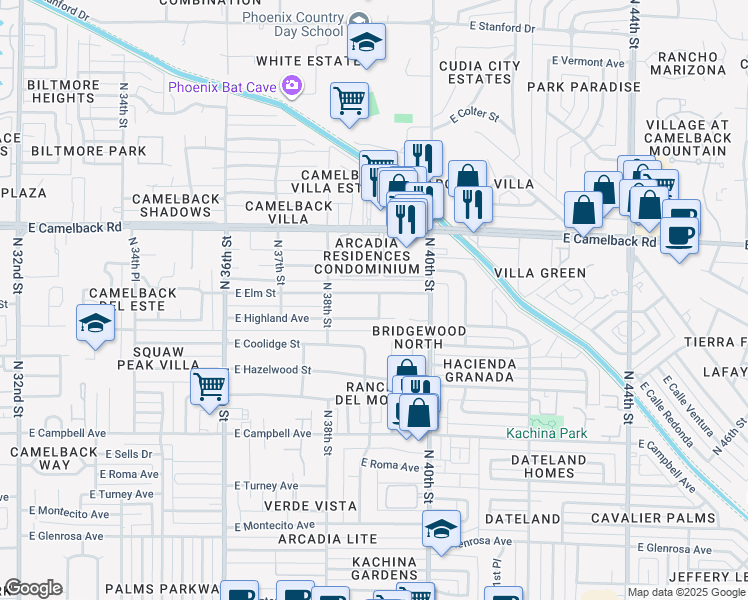 map of restaurants, bars, coffee shops, grocery stores, and more near 3902 East Highland Avenue in Phoenix