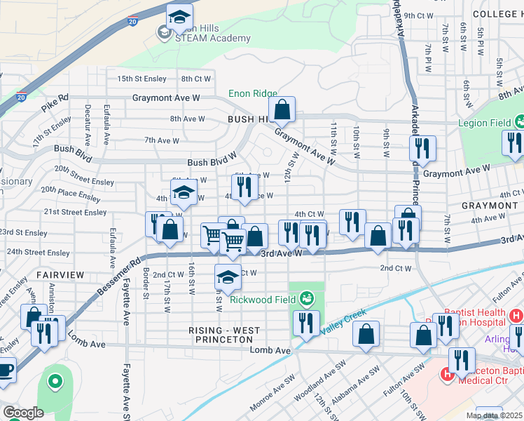 map of restaurants, bars, coffee shops, grocery stores, and more near 1311 4th Court West in Birmingham
