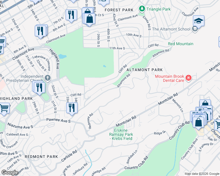 map of restaurants, bars, coffee shops, grocery stores, and more near 3592 Altamont Road in Birmingham