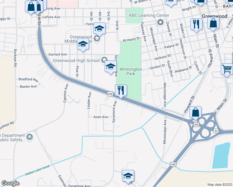 map of restaurants, bars, coffee shops, grocery stores, and more near 616 Sycamore Avenue in Greenwood