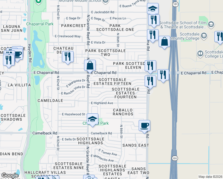 map of restaurants, bars, coffee shops, grocery stores, and more near 8519 East Rancho Vista Drive in Scottsdale