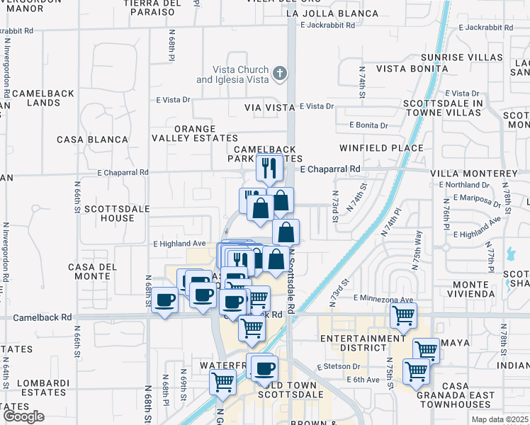 map of restaurants, bars, coffee shops, grocery stores, and more near 7151 East Rancho Vista Drive in Scottsdale