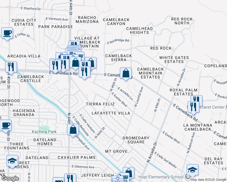 map of restaurants, bars, coffee shops, grocery stores, and more near 4601 East Exeter Boulevard in Phoenix