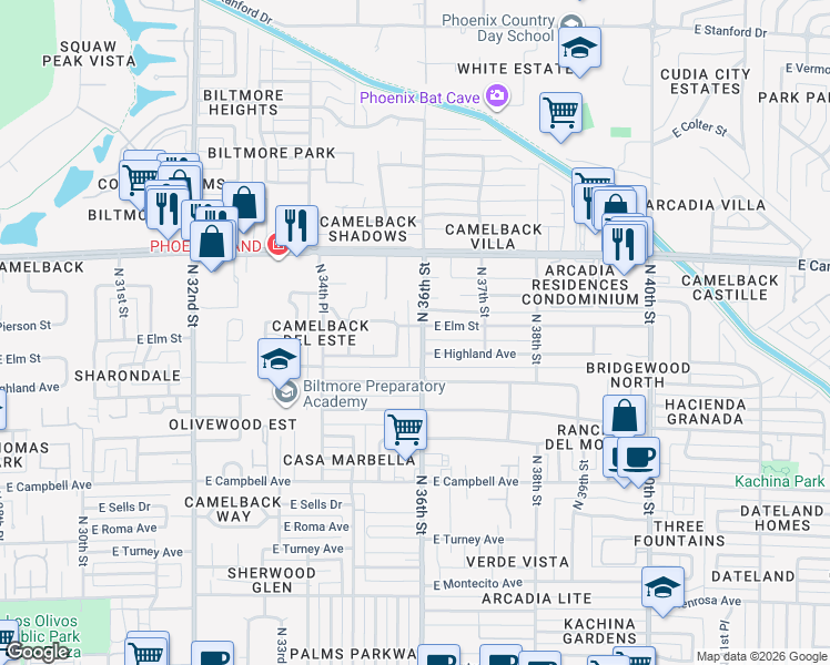 map of restaurants, bars, coffee shops, grocery stores, and more near 4715 North 35th Way in Phoenix