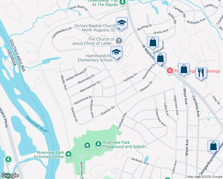 map of restaurants, bars, coffee shops, grocery stores, and more near 814 Hammond Drive in North Augusta
