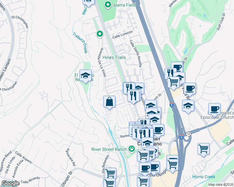 map of restaurants, bars, coffee shops, grocery stores, and more near 31377 Los Rios Street in San Juan Capistrano