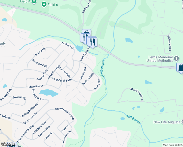 map of restaurants, bars, coffee shops, grocery stores, and more near 556 Great Falls in Grovetown