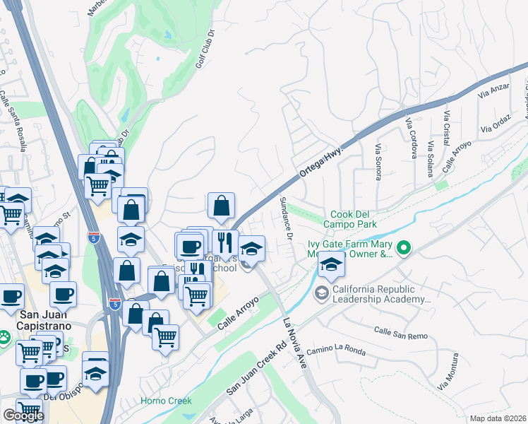 map of restaurants, bars, coffee shops, grocery stores, and more near 27585 Starrise Lane in San Juan Capistrano