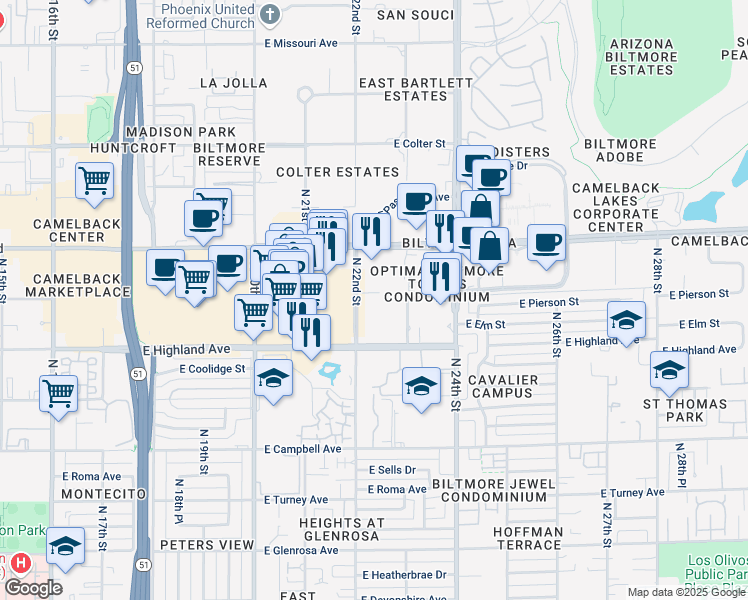map of restaurants, bars, coffee shops, grocery stores, and more near 4745 North 22nd Street in Phoenix
