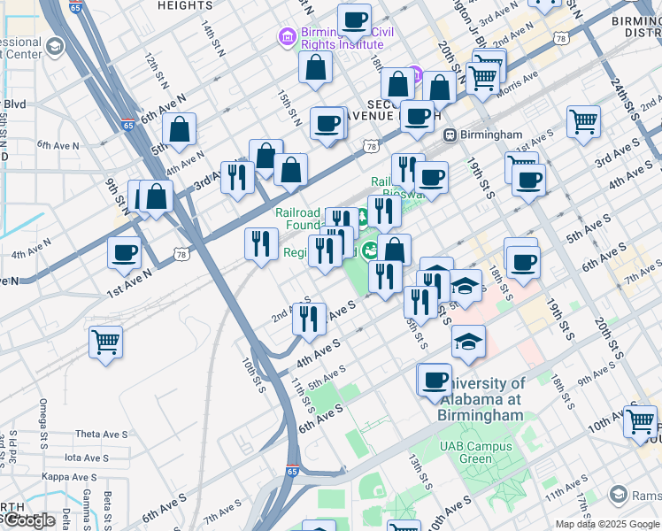 map of restaurants, bars, coffee shops, grocery stores, and more near 114 14th Street North in Birmingham