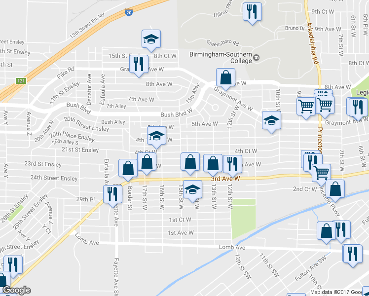 map of restaurants, bars, coffee shops, grocery stores, and more near 1420 4th Ct W in Birmingham