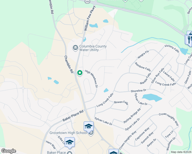 map of restaurants, bars, coffee shops, grocery stores, and more near 4844 High Meadows Drive in Grovetown