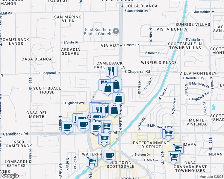 map of restaurants, bars, coffee shops, grocery stores, and more near 7151 East Rancho Vista Drive in Scottsdale