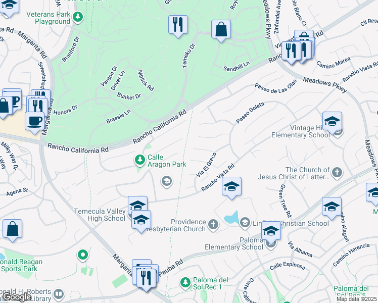 map of restaurants, bars, coffee shops, grocery stores, and more near 31341 Corte Tunas in Temecula