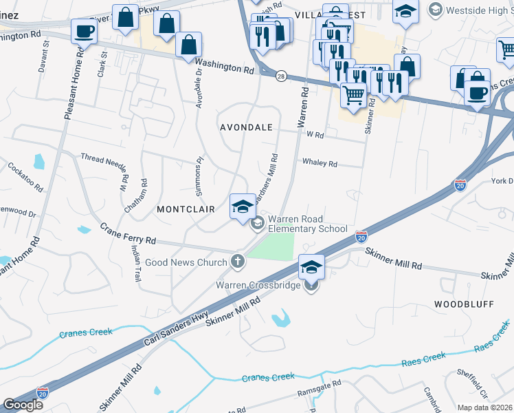 map of restaurants, bars, coffee shops, grocery stores, and more near 152 Gardners Mill Road in Augusta