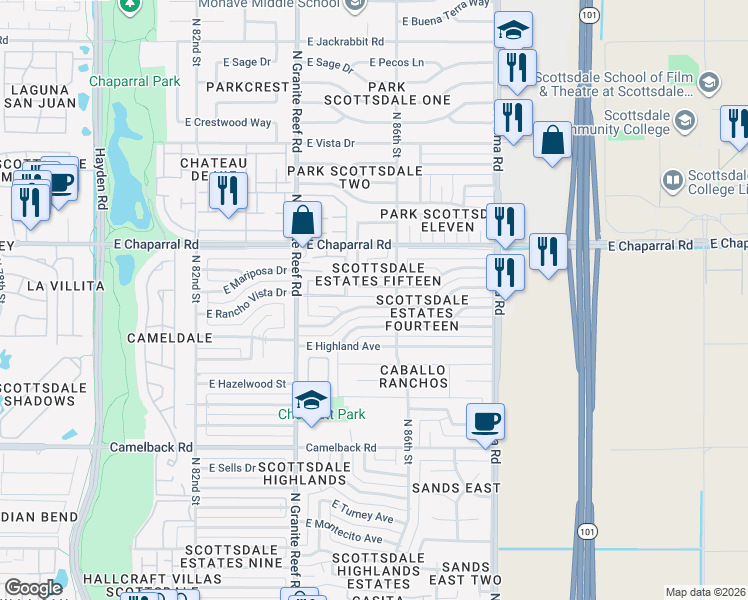 map of restaurants, bars, coffee shops, grocery stores, and more near 8519 East Rancho Vista Drive in Scottsdale