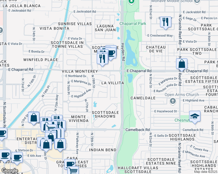 map of restaurants, bars, coffee shops, grocery stores, and more near 7840 East Highland Avenue in Scottsdale