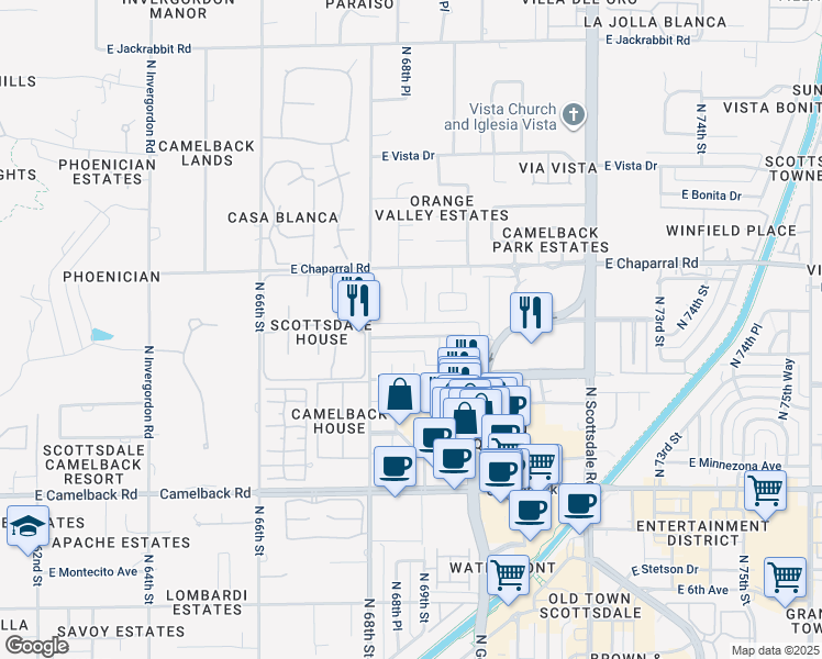map of restaurants, bars, coffee shops, grocery stores, and more near 6829 East Paradise Parkway in Scottsdale