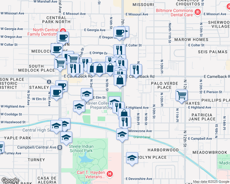 map of restaurants, bars, coffee shops, grocery stores, and more near 522 East Pierson Street in Phoenix